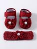 Baby Girls Lace Pearl Rhinestone Bow Crib Shoes & Matching Crochet Headband Set, Soft Dot Anti-Slip Magic Tape Mary Jane Princess Shoes
