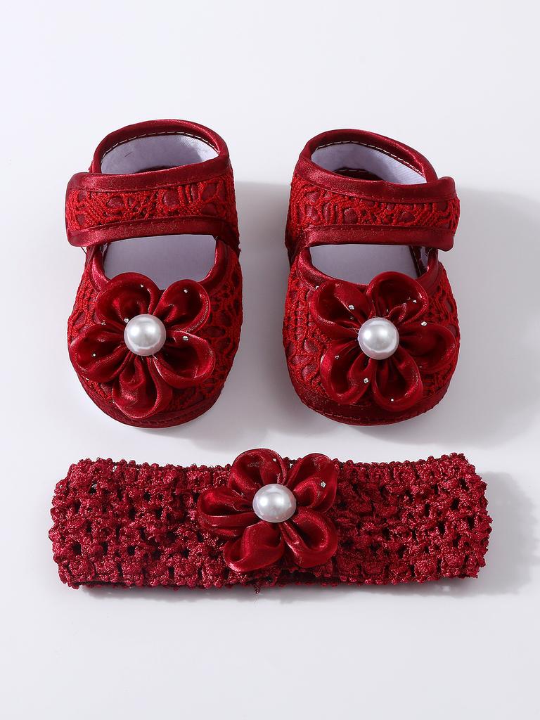 Baby Girls Lace Pearl Rhinestone Bow Crib Shoes & Matching Crochet Headband Set, Soft Dot Anti-Slip Magic Tape Mary Jane Princess Shoes
