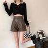 Women's High-Waist PU Leather A-Line Shorts, Brown Wide-Leg Style for Autumn/Winter 2024. Perfect Outerwear with Boots.