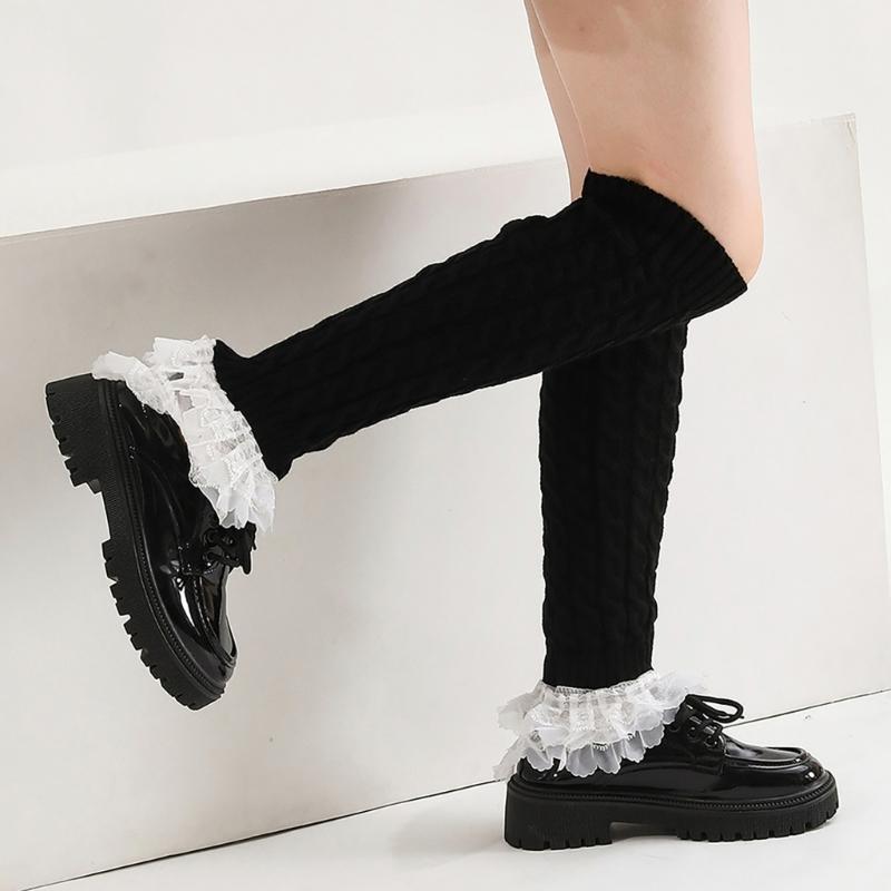 Cable Knit Leg Warmers Knee Length Socks Japanese Women Sweet Layered Ruffled Lace Trim Boot Cuffs Leg Covers Stockings