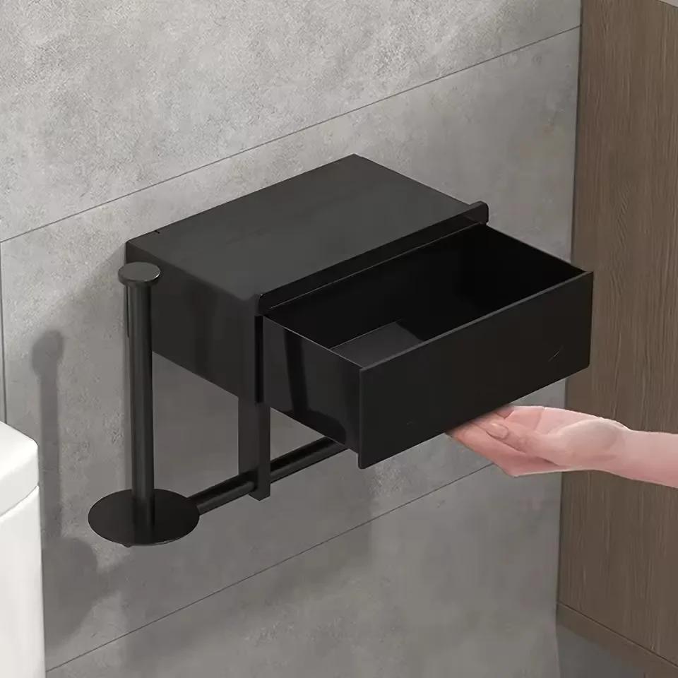 1pc Drill-Free Wall-Mounted Toilet Paper Holder – Sleek Black with Shelf, Durable Bathroom Organizer for Essentials
