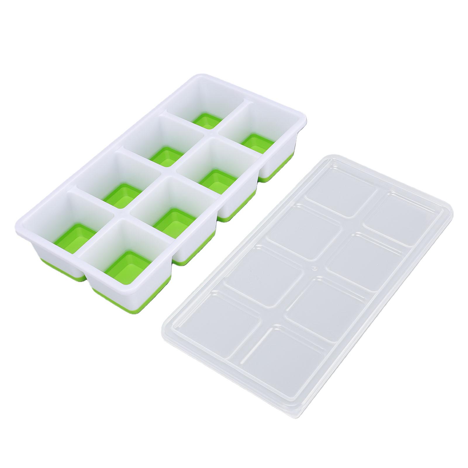 Ice Cube Tray with Lid Bin Tong Set 8 Cavity Soft Bottom Square Silicone Ice Cube Mold for Freezer L