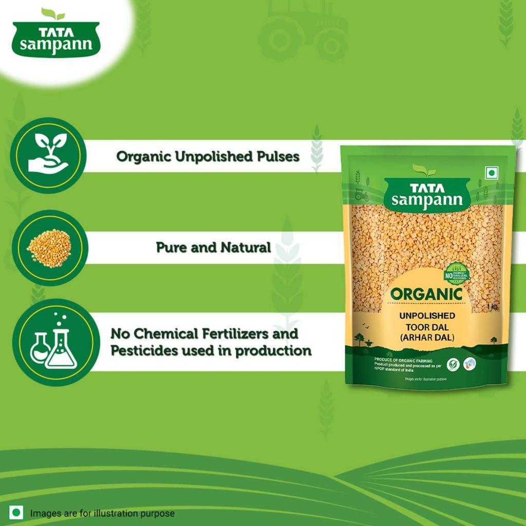 TATA Sampann Organic Unpolished Toor Dal Arhar Dal 1 Kg Protein Rich Natural Pulses For Healthy Meals