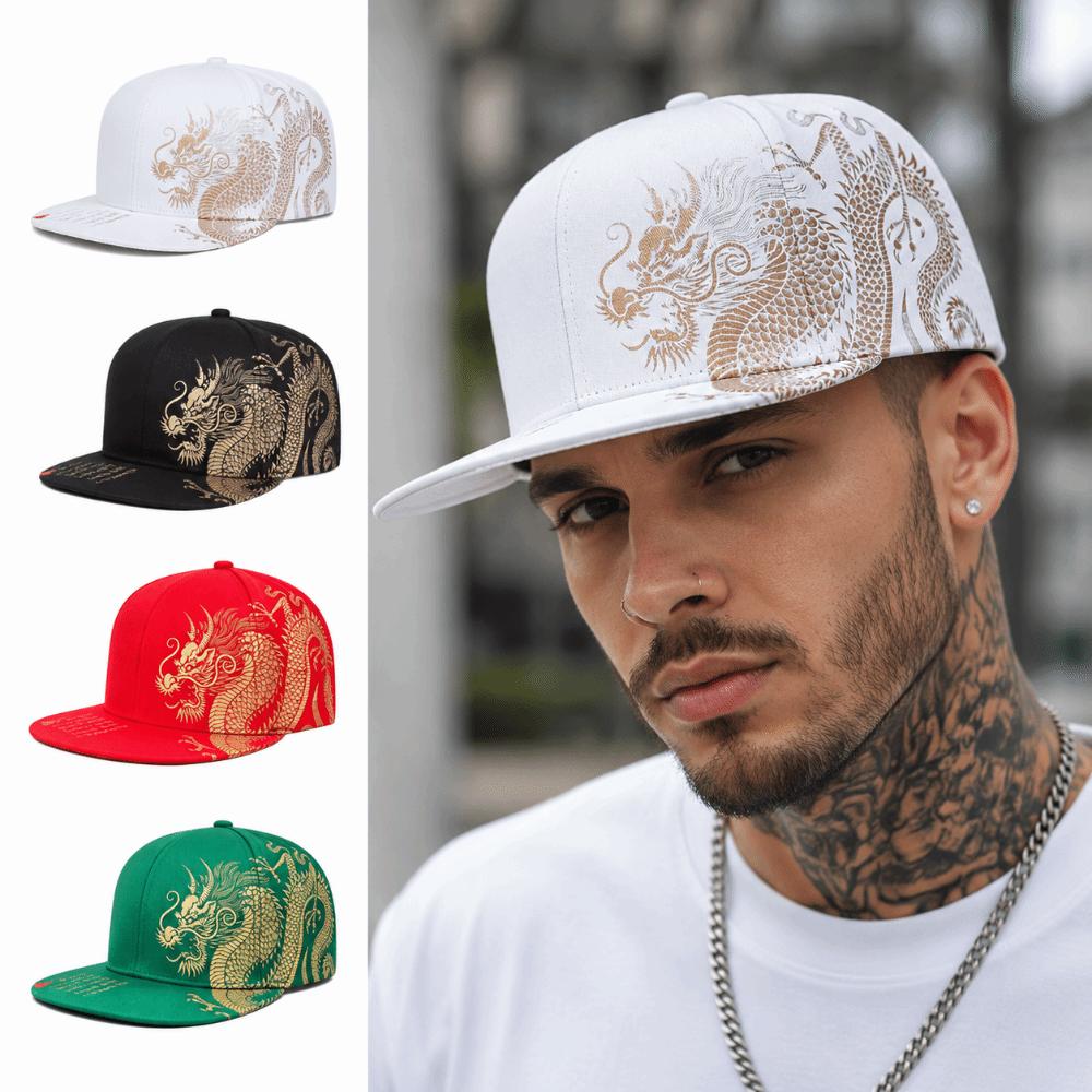 Adjustable Flat Brim Snapback Hat Chinese Golden Loong Print Streetwear Snapback  Streetwear Style