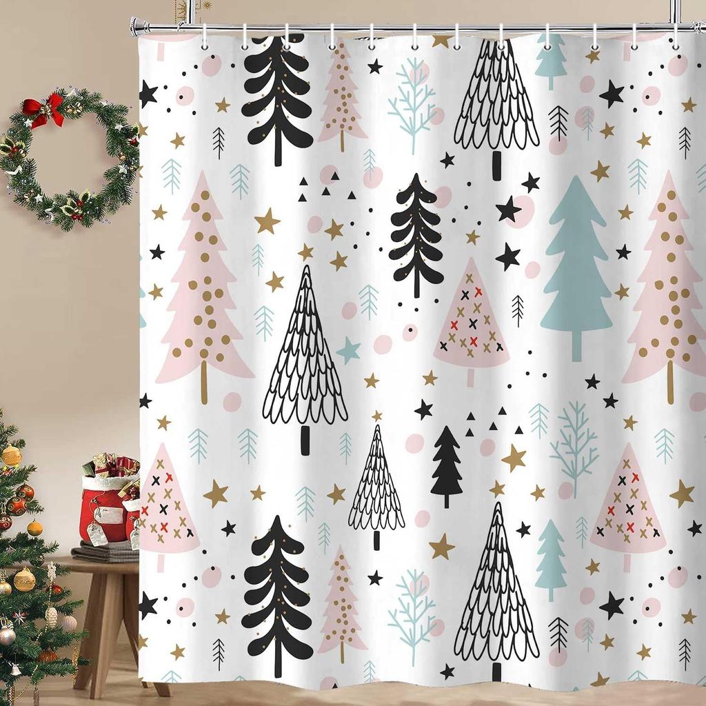 Winter Christmas Shower Curtain, Cute Snowman Snowflake Scene Holiday Decor Bath Curtain For Bathroom, Farmhouse Xmas Covered