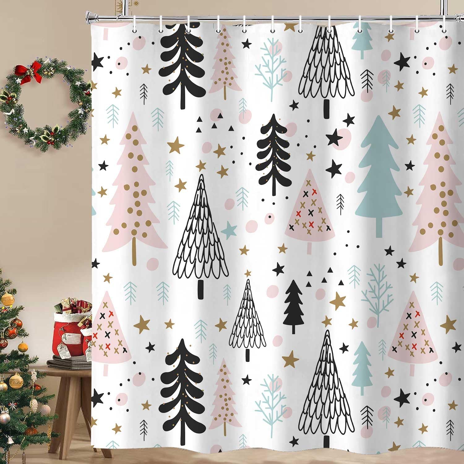 

Winter Christmas Shower Curtain, Cute Snowman Snowflake Scene Holiday Decor Bath Curtain For Bathroom, Farmhouse Xmas Covered 120x180CM