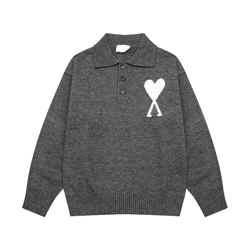 Unisex Big Heart Jacquard Knit Polo Sweater M темно-серого