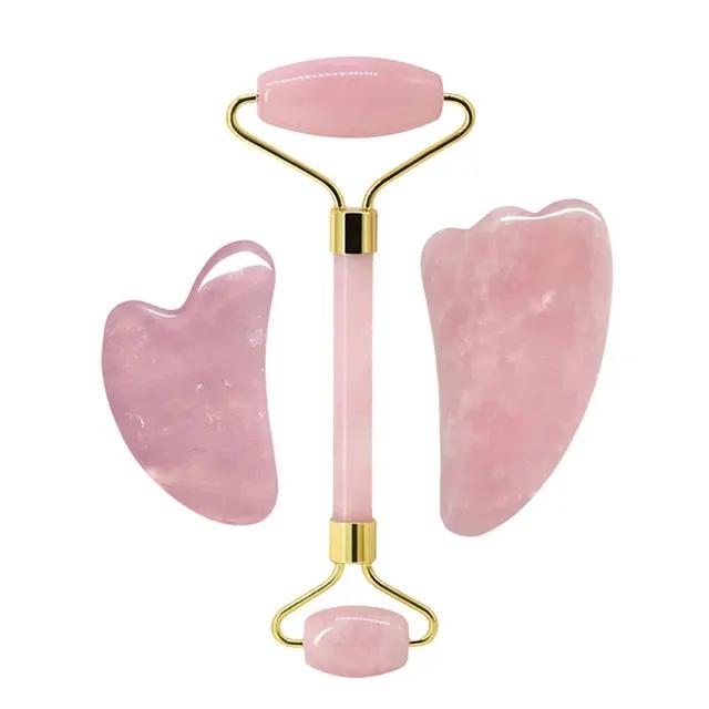 100% Natural Rose Quartz Jade Roller Gua Sha Massager Set Jade Stone Gouache Scraper Facial Massage Lifting SPA Anti Aging Tools