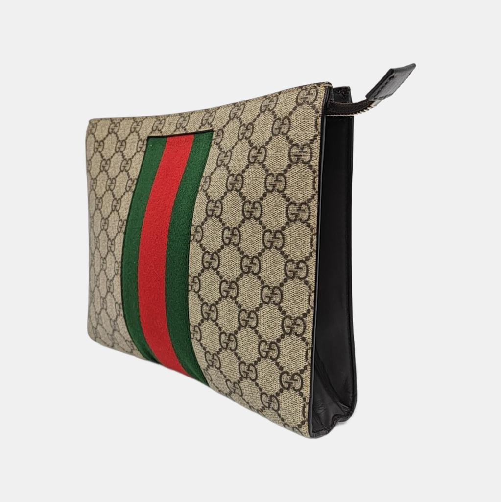 [Pre-Owned] GG Supreme Vintage Logo Stripe Web Canvas Clutch - Excellent #UQHQU1