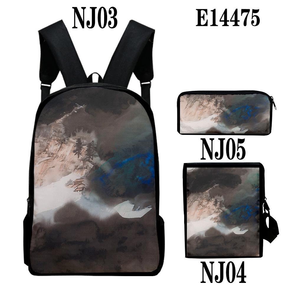 Popular Chinese style ink painting 3D Print 3pcs/Set School Bags Laptop Daypack Backpack Inclined shoulder bag Pencil Case