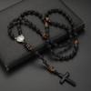 Charm Beaded Long Necklace Cross Pendant Rosary Neck Jewelry Tiger-eye Beads Necklace  Decoration