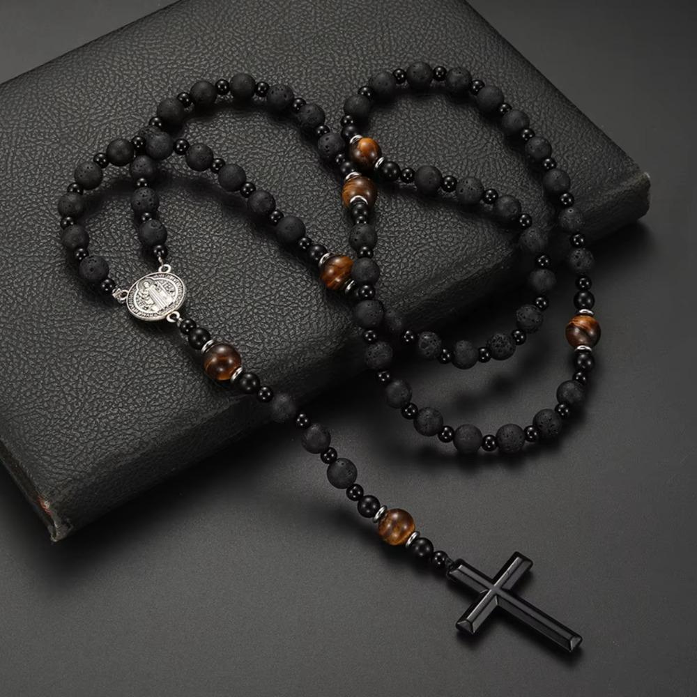 Charm Beaded Long Necklace Cross Pendant Rosary Neck Jewelry Tiger-eye Beads Necklace  Decoration
