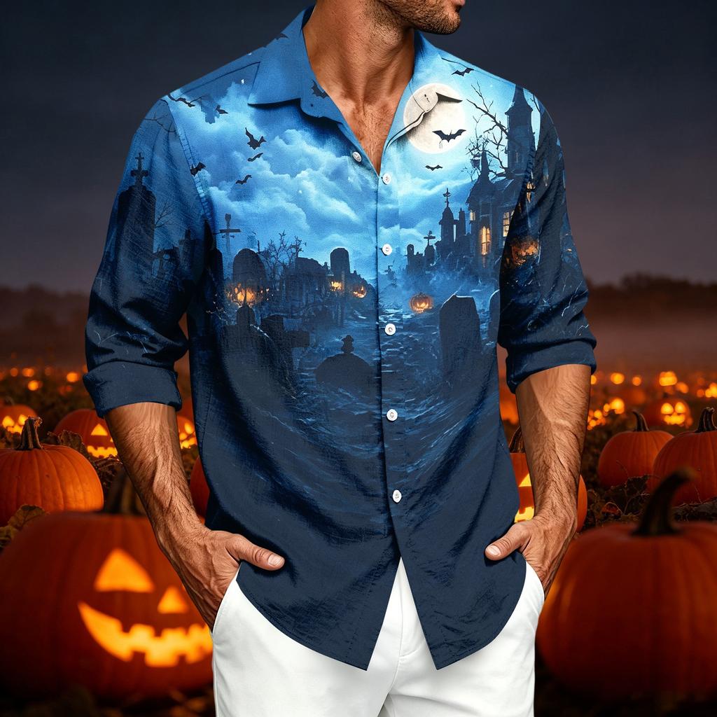 Men's Casual Long Sleeve Shirt with Halloween Print for Spring and Fall