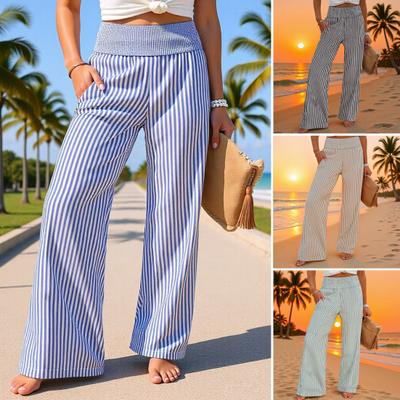 Women Pants Striped Print Wide Leg Trousers with Pockets Loose Fit Elastic High Waist Casual Pants Work Travel Daily