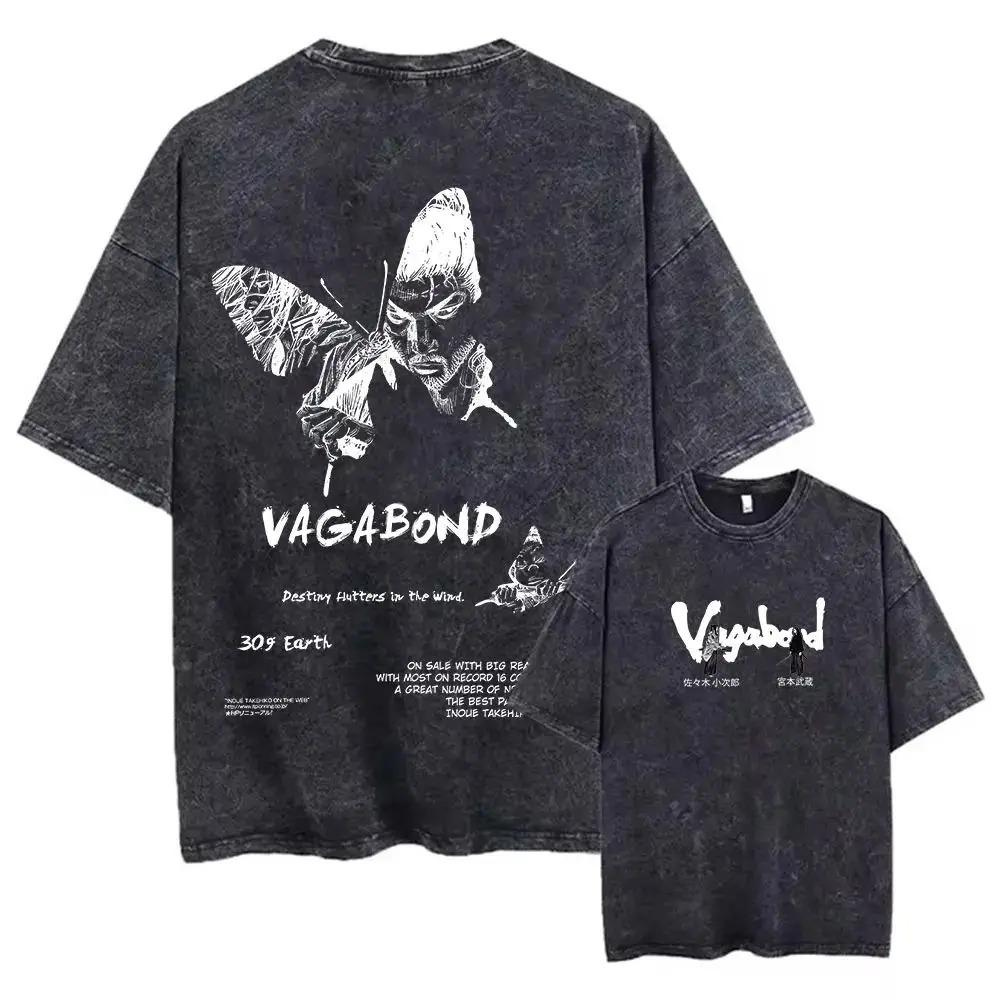 Anime Vagabond Graphic Print Vintage Washed Short sleeved round neck Y2k Tshirt Men Clothing New in Top Tees Mens T-Shirt
