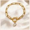 18K Gold Plated Stainless Steel Paperclip Link Chain Bracelet for Women, Spring Clasp Toggle Clasp Zircon Heart Charm Bracelet