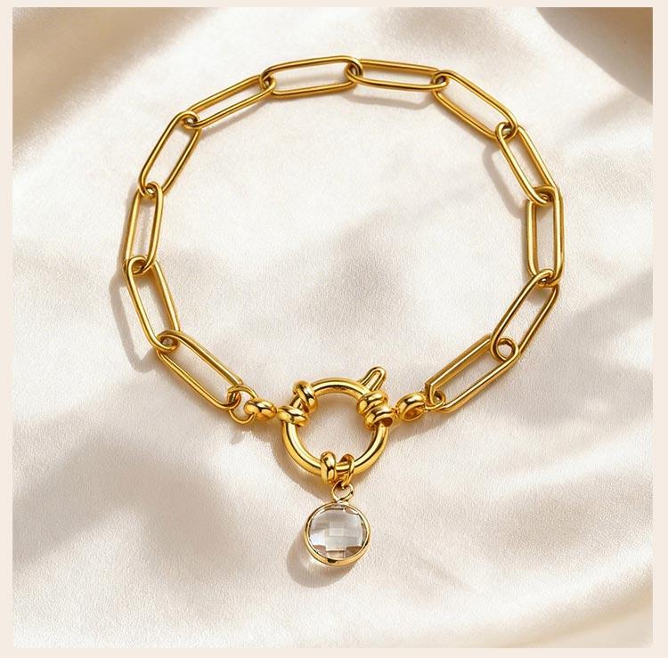 18K Gold Plated Stainless Steel Paperclip Link Chain Bracelet for Women, Spring Clasp Toggle Clasp Zircon Heart Charm Bracelet
