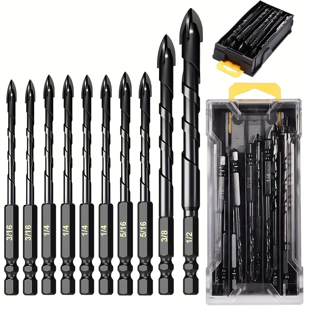 3/16”-1/2 Concrete Drill Bit Set 10PC, Masonry Drill Bits for Brick, Glass, Plastic and Wood, Tungsten Carbide Tip Work
