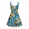 Women Plus Size Square Neck Strappy Open Shoulder Sleeveless Dress Green Blue Floral Printed Flared Hem