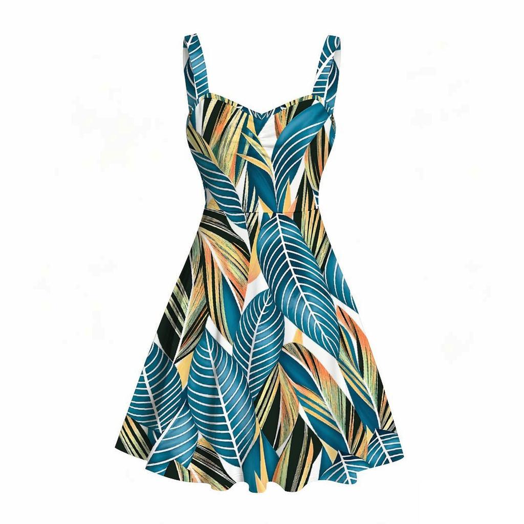 Women Plus Size Square Neck Strappy Open Shoulder Sleeveless Dress Green Blue Floral Printed Flared Hem