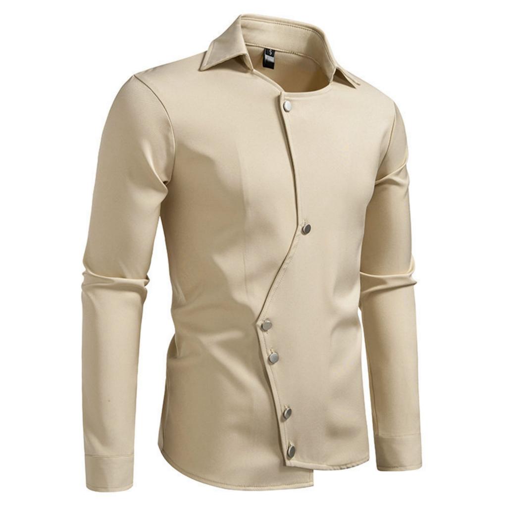 Men's Casual Solid-color Long-sleeved Shirt, Men's Slanted Front Button-down Lapel Shirt