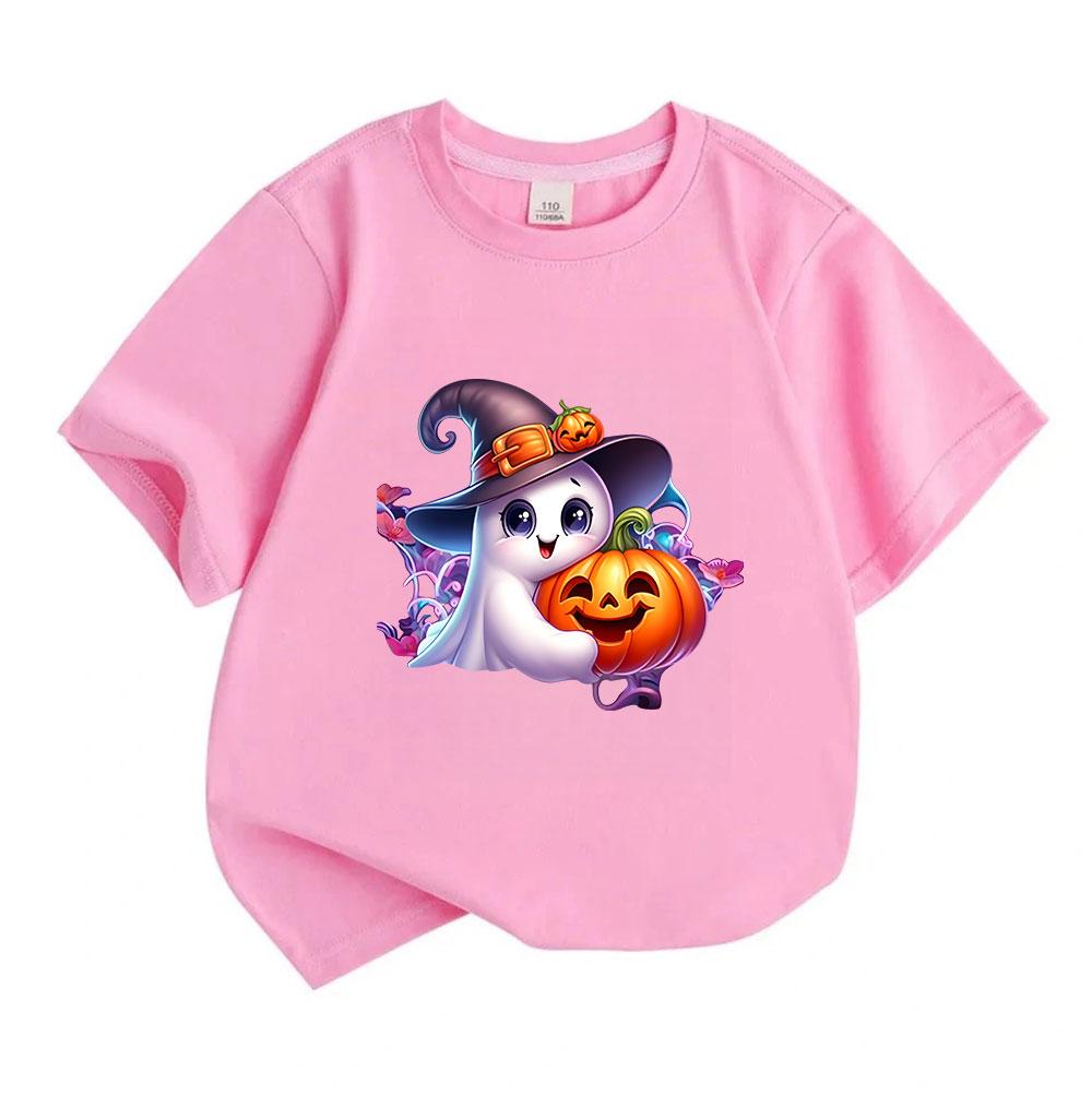 Kids Boys Girls 100% Cotton Crew Neck Short Sleeve T-Shirt, Cute Ghost Witch Hat Hug Smiling Pumpkin Print Casual Halloween Tee for Children