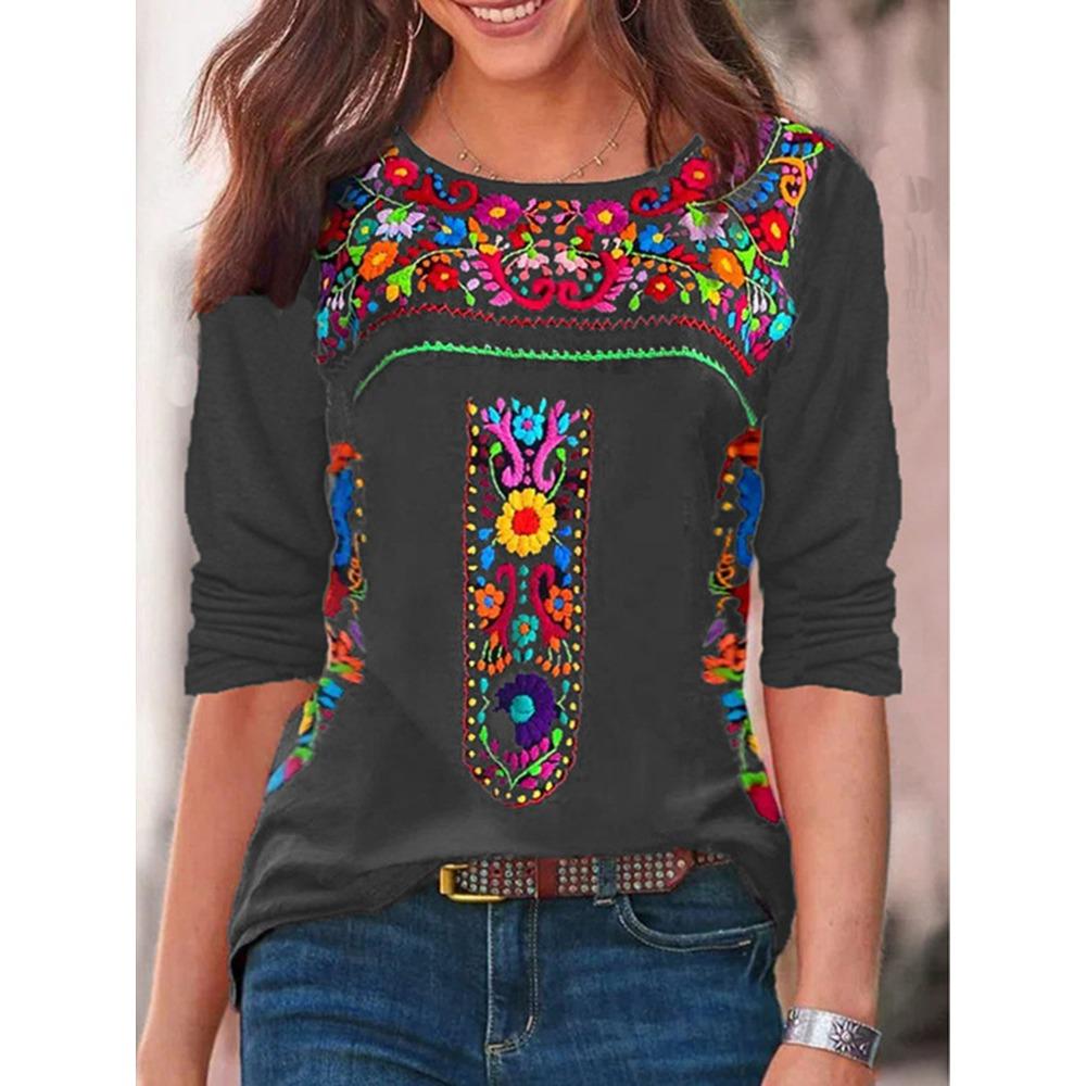 Spring Autumn Women's T-shirt Bohemian Print Long Sleeved T-shirt for Women Nation Print T-shirt Casual Pullover Plus Size Women Clothing