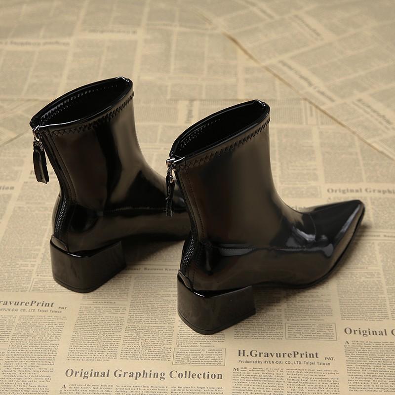 Fashion Autumn Patent Leather Women Ankle Boots Thick Heels Ladies Shoes Fashion Pointed Toe Comfortable Short Botas De Mujer