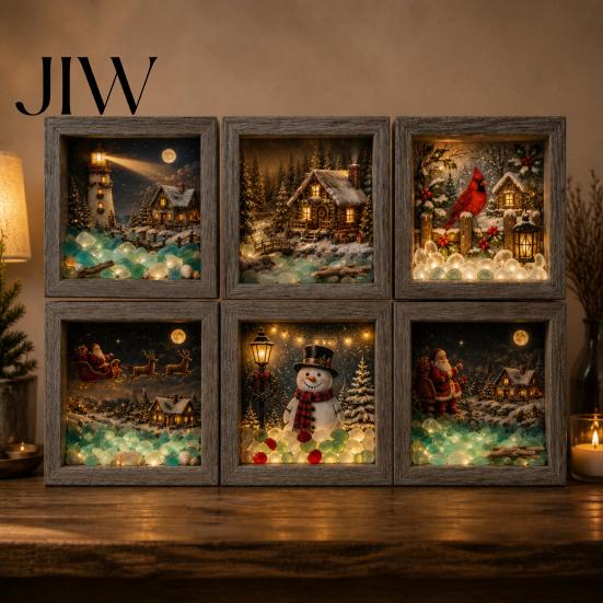Winter Birthday Present Christmas Snowy Night Light Picture Frame, Vintage Wooden Frame 3D Mini Retro Wood Photo Landscape Lamp, Desktop Atmosphere
