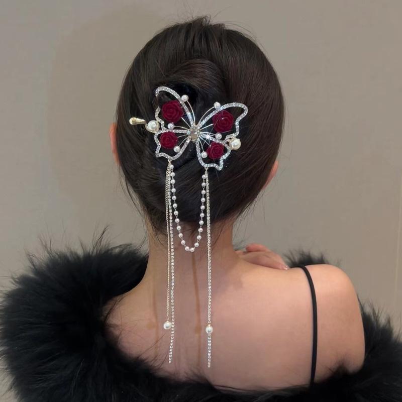 Rhinestone Butterfly Metal Hair Claw For Women Hairpins Vintage Crystal Pearl Pendant Hair Clips Female Hair Jewelry Accessories