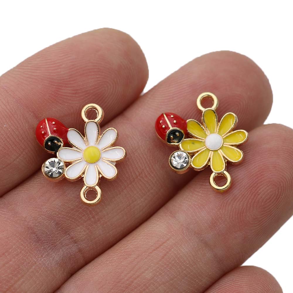 10Pcs Gold Plated Enamel Flower Ladybug Charm Connectors For Jewelry Making Bracelet Accessories Diy Findings 18X15Mm