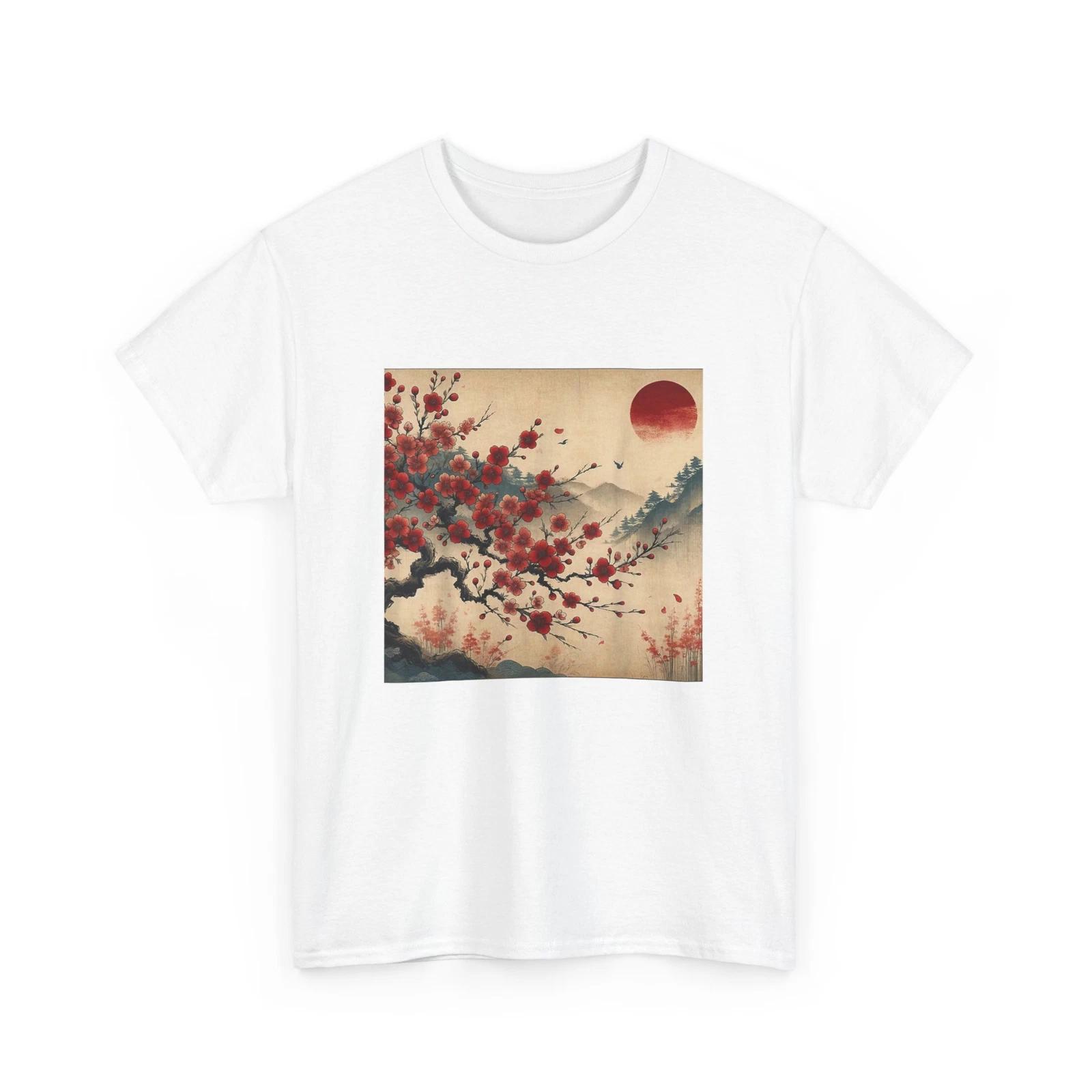 Vintage Cherry Blossom Woodblock Tee Japanese Graphical Art T shirt 4XL