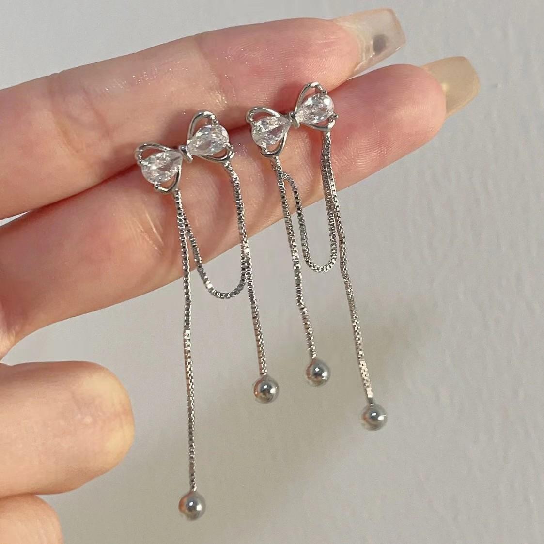 

925 Милые длинные серьги-гвоздики с бантиками, женские летние серьги высокого класса, легкие роскошные кисточки, нишевый дизайн