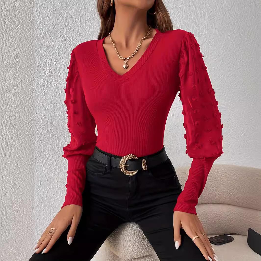 

Элегантная футболка с V-образным вырезом в рубчик, шифоновой вставкой, длинными рукавами и однотонной расцветкой, облегающий топ, женская универсальная вещь в гардеробе, модная вещь, рубашка XXL бордовый