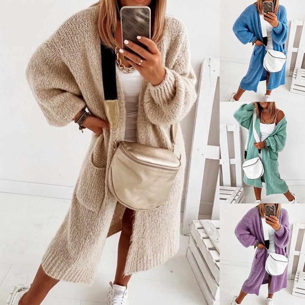 Gilet en Tricot Pull Femme Ample Laine Automne Hiver Épais Chaud Doux Oversize Femme Poches Long Pull d'Hiver