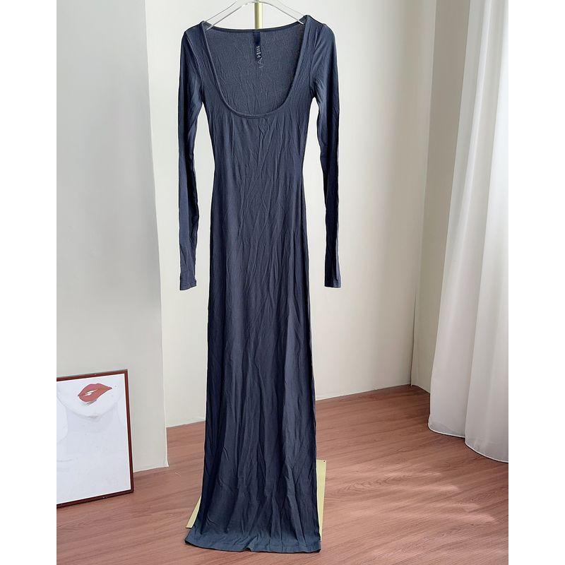 

Original Order Kardashian Slim fit Long sleeve dress Women Slimming High Elastic Temperament U Collar Spring and Autumn Long dress Black S