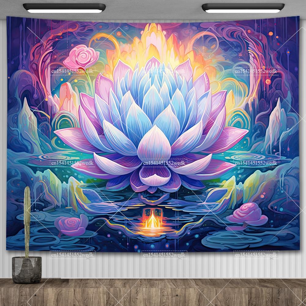 Boho Lotus Flower Wall Hanging Tapestry Colorful Landscape Floral Tapestrys Room Decoration Aesthetic Yoga Mats Altar Cloths