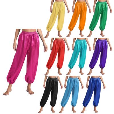 Damen Bauchtanzhose Lockerer Schnitt Elastischer Bund Satin Pumphose Bühnenauftritt Hose