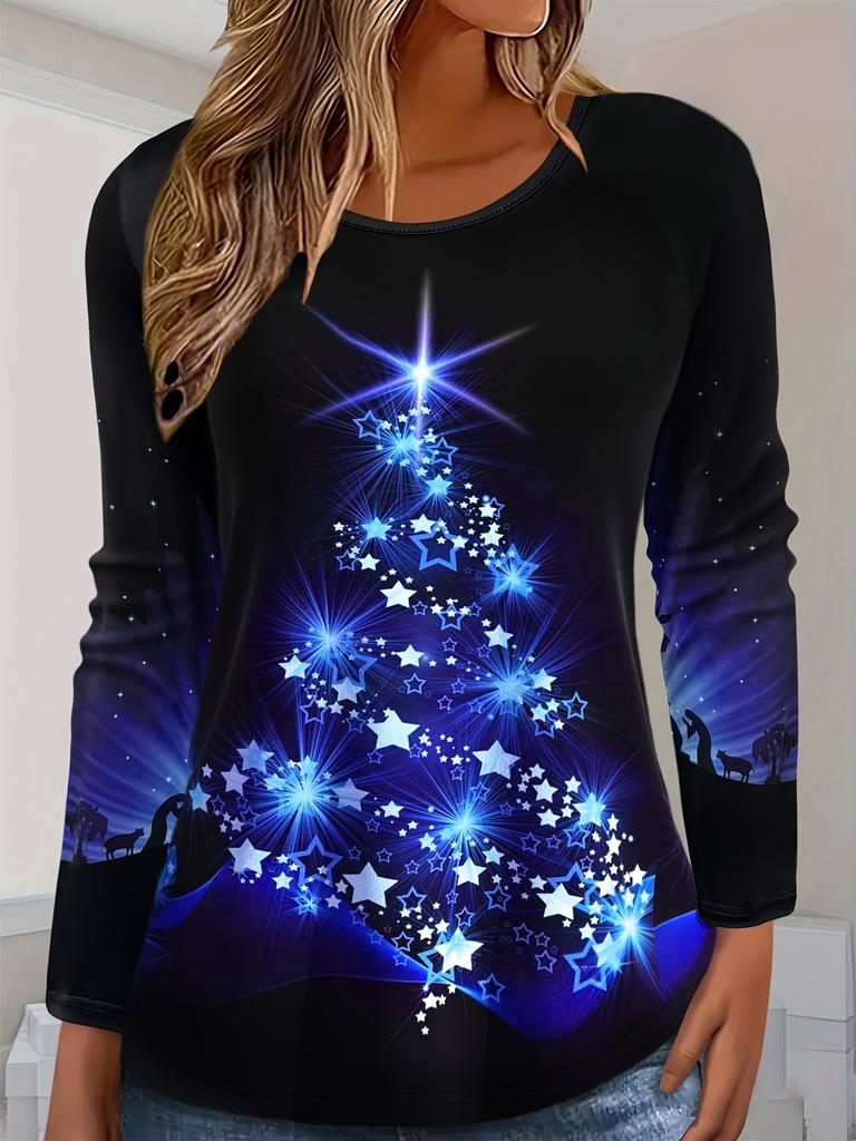 Weihnachtsthema Schneeflocke 3D-Druck O-Ausschnitt Langarm T-Shirt Mode Damenkleidung Casual Y2K Kleidung Harajuku Damenkleidung