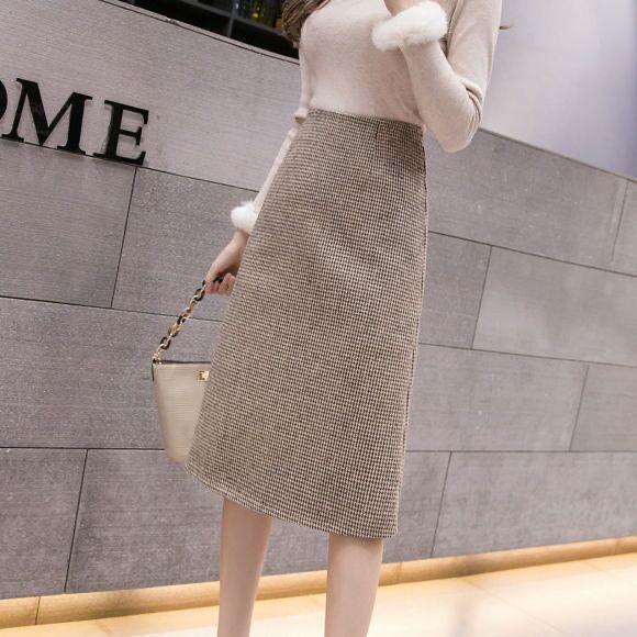 A-line Houndstooth Woolen Skirt - High Waist, Plus Size, Over-the-Knee, Autumn/Winter