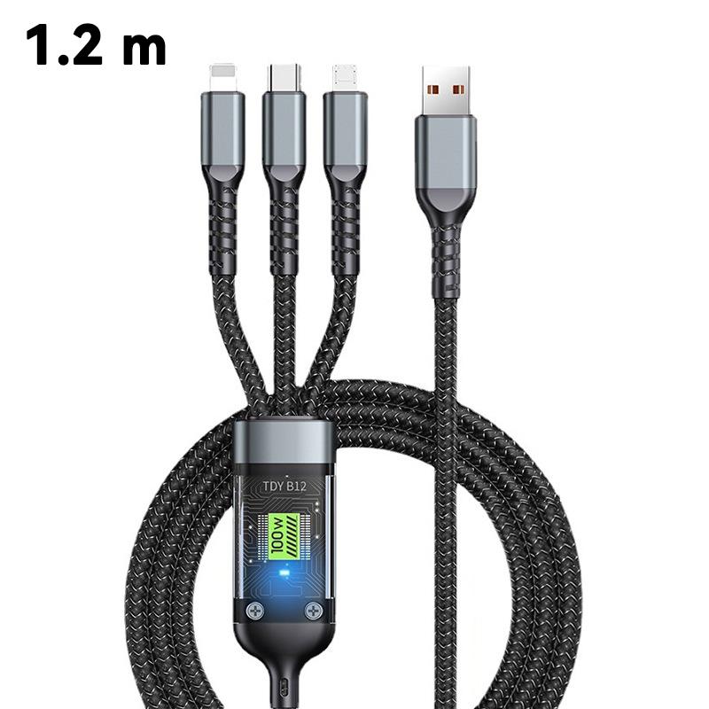 

Кабель для быстрой зарядки USB 3-в-1 100 Вт, автомобильный кабель USB на Type-C Micro LIGHTNING для iPhone 16 15 14 13 Samsung Xiaomi Huawei Black-1.2m