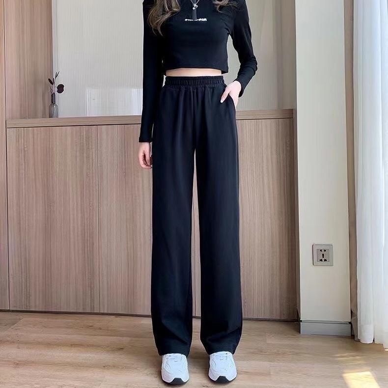 Women's Casual Grey High-Waist Korean Style Sweatpants - Straight Wide-Leg for Spring & Autumn