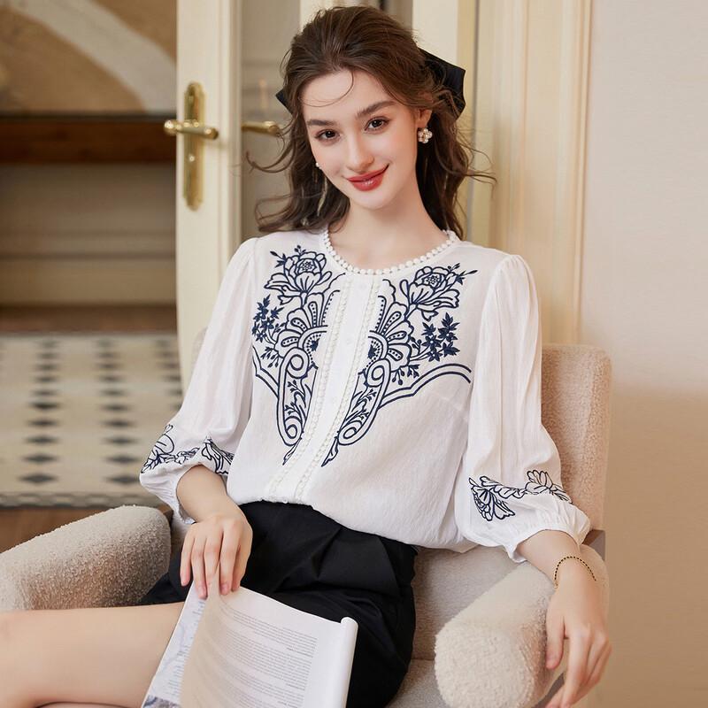 Bailuyu Relaxed Fit Round Neck Lace Trim 3/4 Sleeve Blouse L белый
