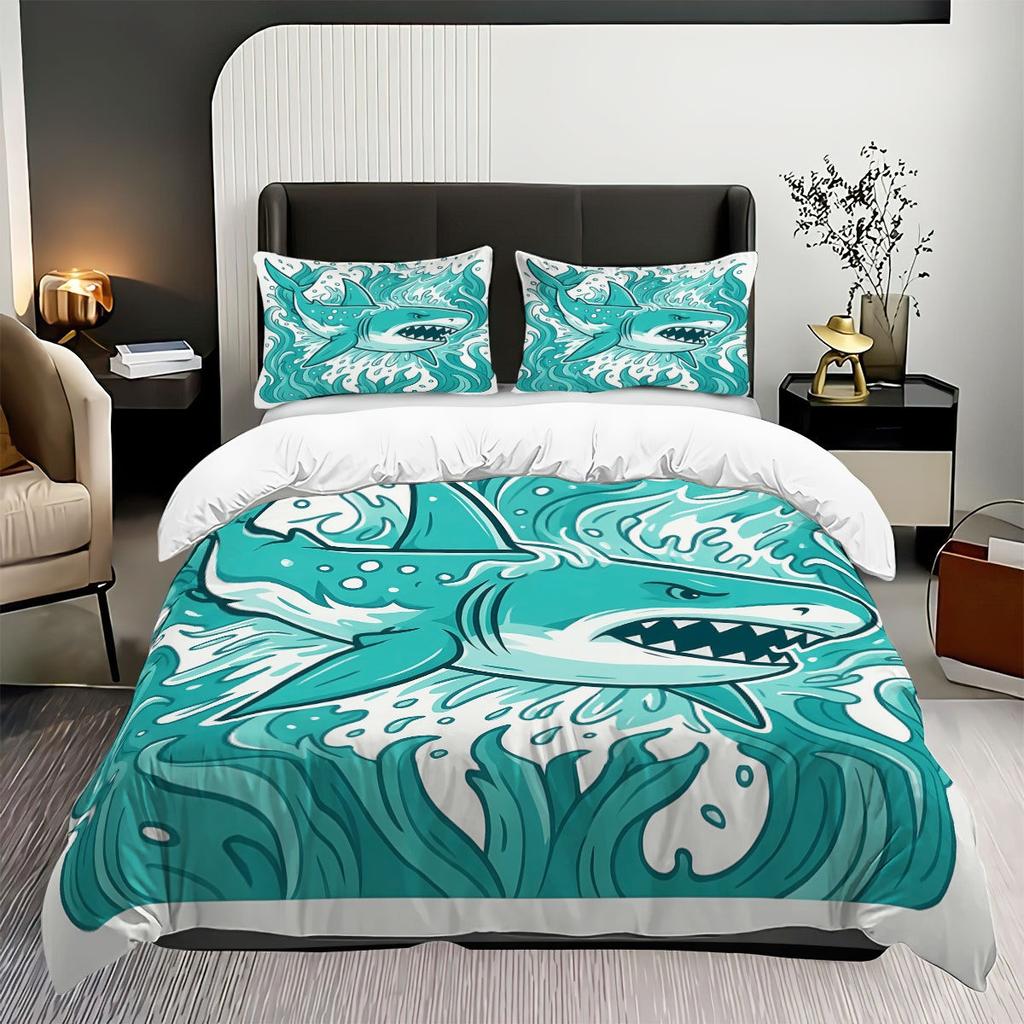 Shark Bedding Set 2/3 Piece Sea Life Print Microfiber Duvet Cover with Zipper Pillowcase, Bedroom Decoration Gift for Boys