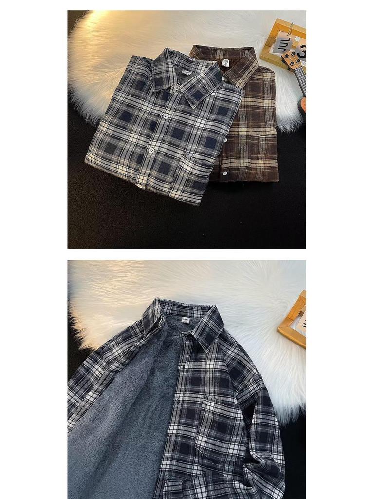 Men's High-End Hong Kong Style Plaid Fleece Shirt: Trendy, Warm, Stylish Long-Sleeved Autumn/Winter Innerwear.