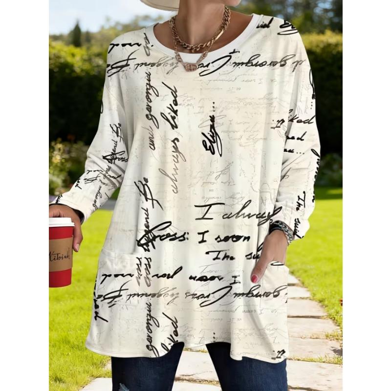 Women's long-sleeved round-neck T-shirt, suitable for spring, autumn and winter seasons. It has pockets and print designs. machine washable.