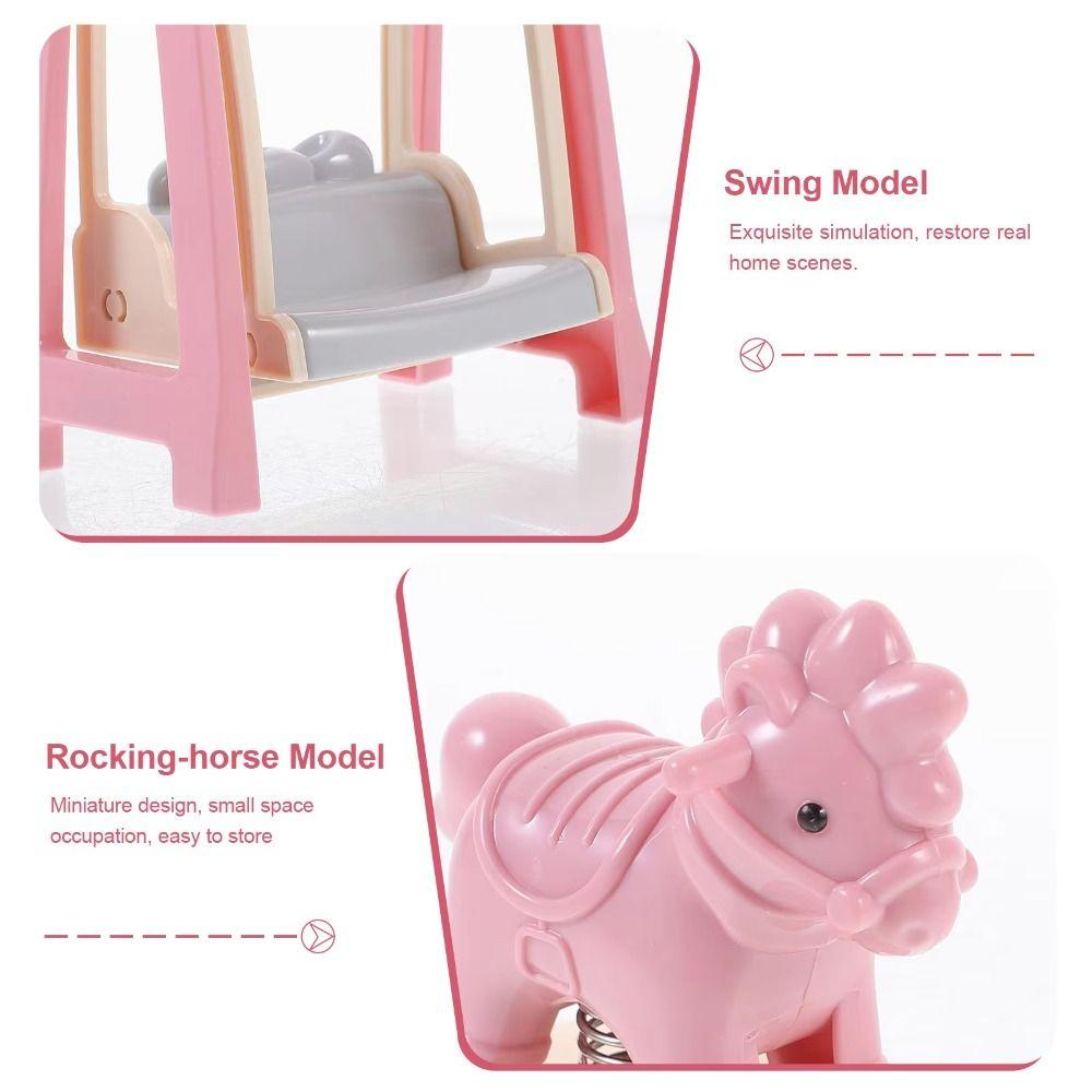 Wooden Horse Doll House Amusement Park Pretend Play Miniature Slide Swing  Model Decoration