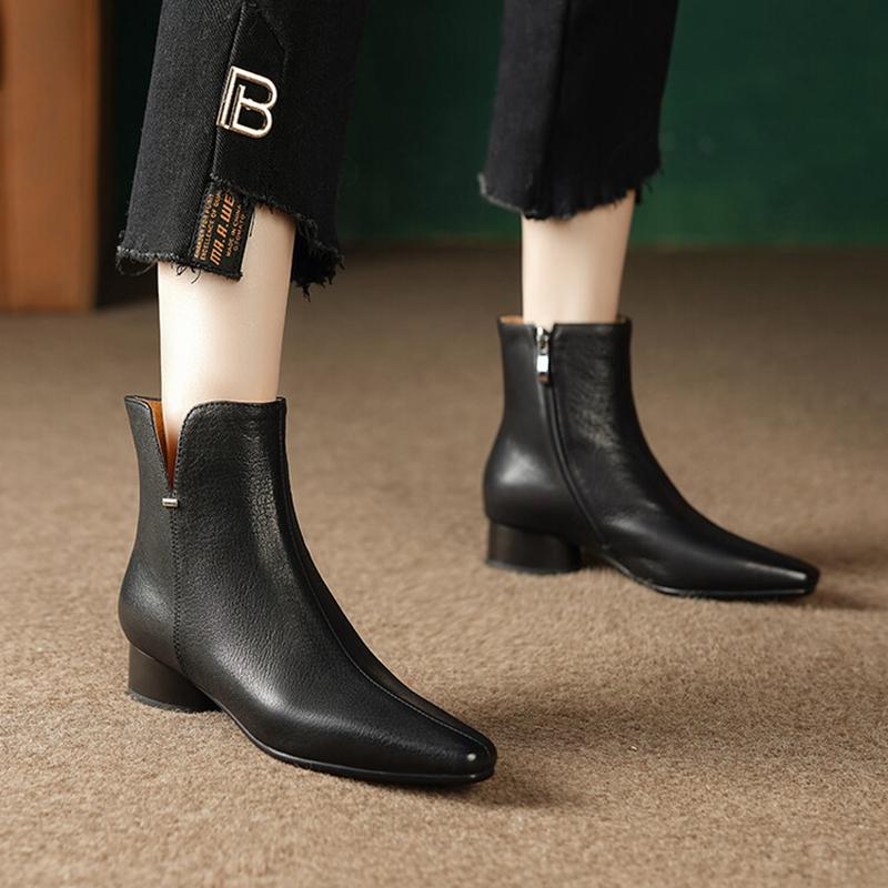 Fashion NEW Autumn Women Boots Pointed Toe Low Heel Ankle Boots Genuine Leather Shoes for Women Black Modern Boots Elegent Short Boots