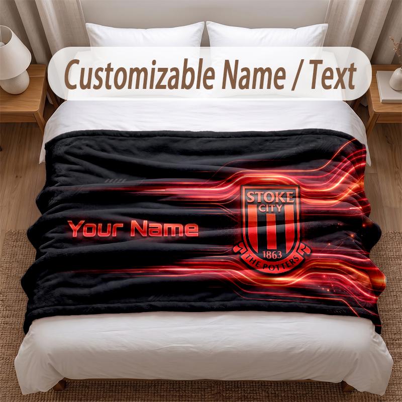 Stoke City FC Printed Flannel Blanket Custom Name Text Soft Warm Throw For Bedroom Holiday Gift