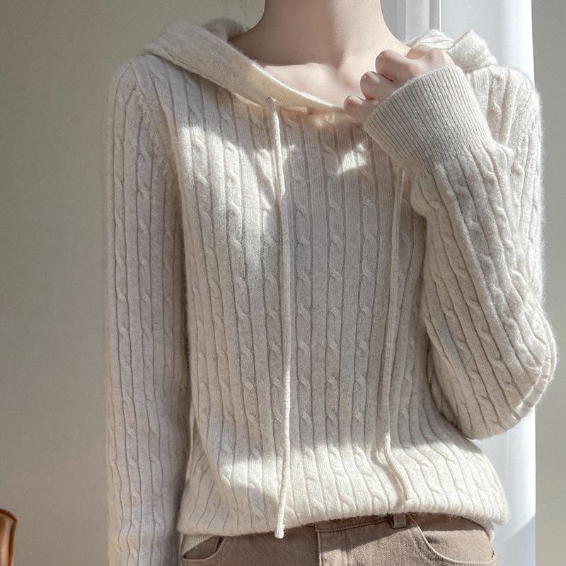 2024 Autumn/Winter Women's Cable Knit Cashmere Hoodie: Loose-Fit Fashion Pullover